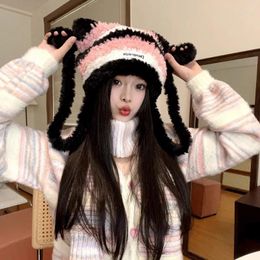 Berets Fashion Versatile Plush Thickened Bomber Hats Autumn And Winter Warm Ear Protection Cute Sweet Knitted Pullover Women's Caps