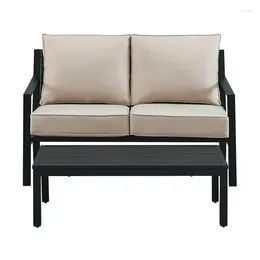 Bowls Back Upholstered Outdoor Loveseat And Coffee Table Set In Black / Beige (Component 2 Of 2)