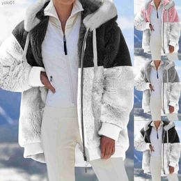 Women's Fur Faux Fur Women Warm Plush Jackets Autumn Winter Faux Fur Patchwork Oversize Zipper Outwear Ladies Elegant Loose Fleece Hooded Coat JacketL231121