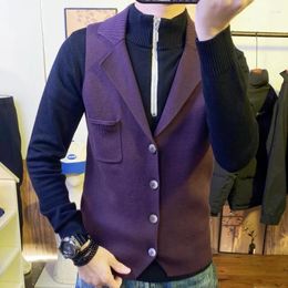 Men's Vests Suit Collar Knitted Cardigan Vest Men Autumn Korean Version Trend Slim Fitting Versatile Solid Color
