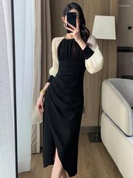 Casual Dresses Autumn Lantern Sleeve Midi For Women Fashion Patchwork Lady Elegant Evening Party Outfits Korean High Split Prom Mujers