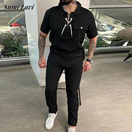 Men's Tracksuits Tracksuit Mens Fashion Two Piece Sets Men Casual Outfits Classic Lace-up Collar Short Sleeve Tops And Pants Suits Clothing