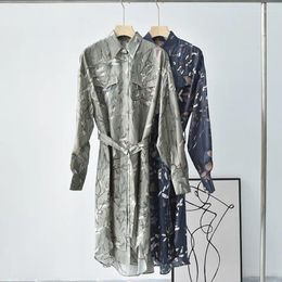 Casual Dresses Silk Women Shirt Midi Dress Lace-up Turn-down Collar Retro Floral Print Single Breasted Female Long Sleeve Robes