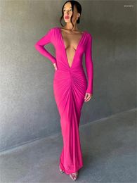 Casual Dresses Tossy Backless Pleated V-Neck Maxi Dress Female Elegant Slim Long Sleeve Fashion Party Gown Patchwork Solid Summer