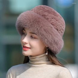 Berets Winter Women's Rex Fur Hats Striped Head Top Flower Faux Warm Knit Caps