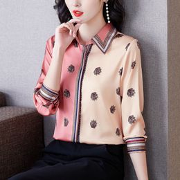 Luxury Designer Satin Graphic Blouses Woman Button up Shirt Autumn Winter Versatile Runway Lapel Silk Shirts 2023 Office Ladies Simple Fashion Formal Pink Top