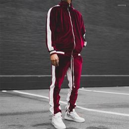 Men's Tracksuits Men Fashion Velvet 2Pc Set Mens Fall Long Sleeve Lapel Drawstring Suit Winter Colour Stitching Zip Coat Trac203i