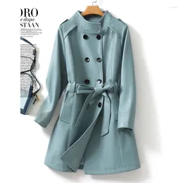 Women's Leather Blue Real Trench Coat For Women Double-breasted Lace-up Belt Sheepskin Outwear 2023 Stand Collar Ladies Lambskin