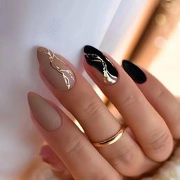 False Nails 24Pcs Artificial With Almond Head Design Wearable Oval Fake Detachable Wave Line Press On Manicure