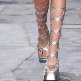 Sandals Silver Hearts Pattern High Platform Summer Shoes Open Toe Buckle Strap Strappy Sandal Women Gladiator Party