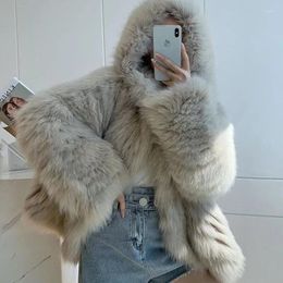 Women's Fur Hair Hooded Faux Jacket 2023 Winter Thicken Warm Office Lady Coat Loose Casual Simple Style