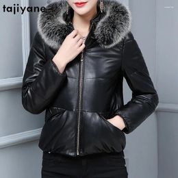 Women's Leather Tajiyane Genuine Puffer Jacket Women 2023 Real Sheepskin Coat Hooded Fur Collar Short Down Coats Roupas Femininas