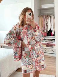 Work Dresses Floral Print Winter Jacket Sets For Women 2023 Round Neck Cotton Coat Mini Skirt Set Suit Vintage Streetwear Female Outfit