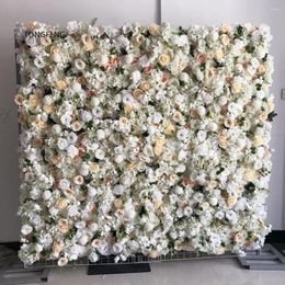 Decorative Flowers Artificial Silk Rose Rolled Flower Wall Panel Outdoor Up Hall Wedding Backdrop Decoration With Leave Champagne White