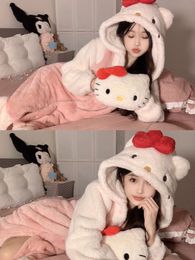 2023KT Cat Coral Fleece Fabric Nightgown Winter Warm Nightgown Women's Cute Nightgown Home Fur pijamas woman Warm Pyjamas Christmas gift