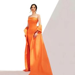 Classy Long Orange Evening Dresses Strapless Satin Sleeveless with Wrap Sheath Floor Length Vestidos De Noche for Women