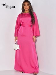 Basic Casual Dresses Elegant Satin Solid Maxi Dress For Women Fashion Oneck Long Sleeve Laceup Robes Ladies Chic Party Club Vestidos 231016