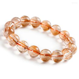 Strand 13mm Elegant Genuine Natural Copper Hair Rutilated Quartz Crystal Round Beads Stretch Bracelets