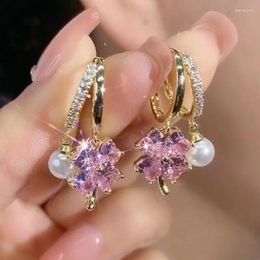 Dangle Earrings Germanium Lymphatic Magnetotherapy For Weight Loss Purple Crystal Four-Leaf Flower Pearl Light Luxury Ear Accessory