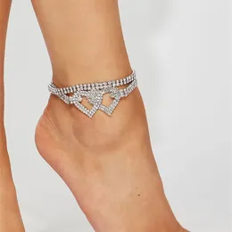 Anklets Ins Fashion Silver Gold Color Rhinestone Double Heart Anklet For Women Bling Hollow Love Foot Ankle Leg Bracelet Chain Jewelry