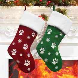18 Inch Large Christmas Stocking Dog Cat Paw Print Snowflake Pattern Hanging Stockings Red Green Christmas Decorations Gift Bag Xmas Tree Ornament For Party Home