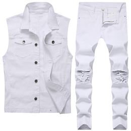 Men's White Two-piece Suit Fashion Tracksuits Slim Frayed Lapel Denim Vest Skinny Ripped Pants Spring Sumer Autumn Mens Jea215Z