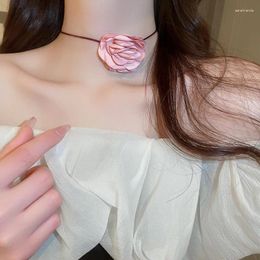 Choker French Vintage Pink Flower Pendant Necklace For Women Girls Dark Style Simple Creative Long Ribbon Jewelry