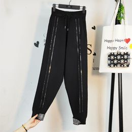 New design women's elastic waist knitted harem pants rhinestone patchwork shinny bling loose trousers M L XL332h