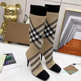 2023-Womens Cheque Stretch Knit Sock Heels Over The Knee Boots For Party Woman Luxury Fall Winter Designer Pointed