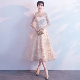 Ethnic Clothing 2023 Champagne Colour Long Evening Dress Floral Print Fashion Elegant Short Banquet Dresses Female Slim