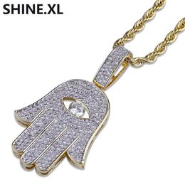 Hip Hop Evil Eye Hand Hamsa Pendant Necklace Womens Gold Colour Plated Iced Out Micro Paved CZ Chain273g