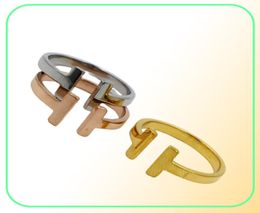316L Stainless Steel fashion double T ring Jewelry for woman man lover rings 18K Goldcolor and rose Jewelry Bijoux no have any lo1268584