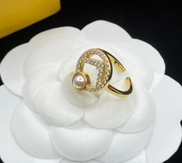 Luxury Letter Inlaid Rhinestone Pearl Grace Simple French Single Layer Design Ring