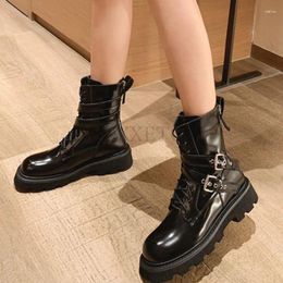 Dress Shoes Designer British Style Ankle Boots Women Leather Round Toe Thick Heels Woman Lace Up Retro Female