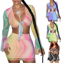 Sexy Ladies Two Piece Dress Long Flared Sleeve Mesh Print Skirts Low Cut Deep V Tie Front Mini Dresses Crop Top Summer Party Fashi242g