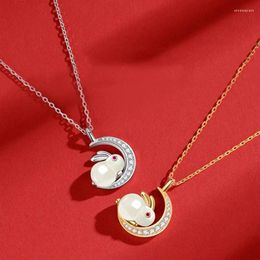 Pendant Necklaces Natural Stones Imitation White Jade Moon Gild Necklace Chinese Zodiac Hare Animal Transshipment Gift Girl