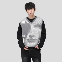 Men's Vests SYUHGFA Autumn Winter Sweater Vest Personality Printing Knit Tank Tops Loose V-Neck Pullover American Style Streetwear