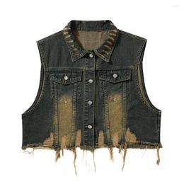 Men's Vests High Street Coats Man Hole Distressed Spliced Loose Bleached Sleeveless Denim Washed Casual Tops