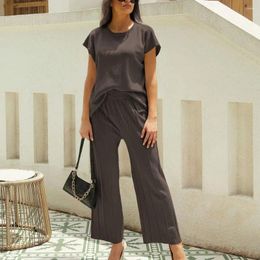 Women's Two Piece Pants O-Neck T-shirts Wide Leg Sets Female Casual Solid Loose Suits Pleated Elastic Waist T-shirt Trousers Set