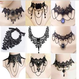 Halloween Sexy Gothic Chokers Crystal Black Lace Neck Collares Choker Necklace Vintage Victorian Women Chocker Steampunk Jewellery G276D