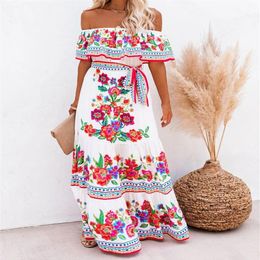 Boho Long Dress Summer 2023 Sexy Off Shoulder Floral Print White Women Elegant Slash Neck Ruffle Maxi Beach Dress Sundress297B