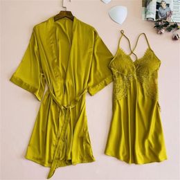 Women's Sleepwear Women Yellow Kimono Robe Gown Suit With Belt Sexy V-Neck Nightdress Set Lady Casual Lace Home Dress Elegant266Q