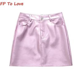 Skirts Y2K Pink Purple PU Mini Metallic Faux Leather Streetwear Sexy Dropped Wasit Chic Party A line PB ZA Woman Outfit 231016