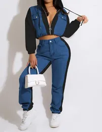 Women's Two Piece Pants Set Women Outfit 2023 Summer Fashion Colorblock Denim Patch Long Sleeve Hooded Crop Top & Pocket Cuffed
