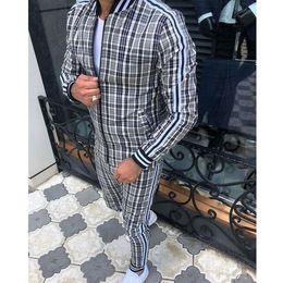 Plaid Sports Gentlemen Set Jacket Men Tracksuits Street Fashion Trend Stand-up Collar Zipper Sportswear Suit267z