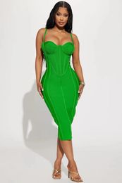 Casual Dresses 2023 Green Colour Women Sleeveless Sexy Sqaure Collar Bodycon Mid-calf Dress Bandage Fashion Nightclub Party