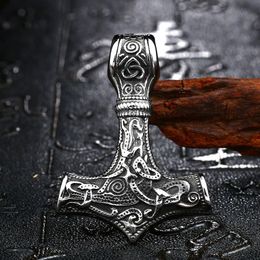 Vintage Men's Stainless Steel Pendant Necklace Engraving Viking Hammer Mjolnir Norse Jewelry265T