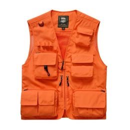 7XL Mens Safety Vest Summer V Neck Men Tactical Utility Vest Orange Outdoor Sleeveless Hunting Fishing Male Casual Sportswear280q