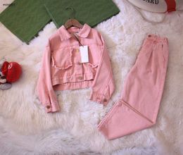 brand designer KIds tracksuits autumn Denim jacket set for Child Size 120-160 CM 2pcs Solid light pink lapel jacket and jeans Sep25