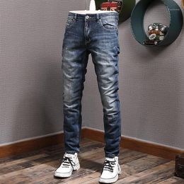 Men's Jeans Italian Style Fashion Men Distressed Plain Elastic Slim Fit Ripped Retro Dark Blue Vintage Designer Casual Pants305W